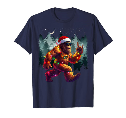 Cool Devil Horns Sasquatch Holiday Lights Christmas Bigfoot T-Shirt