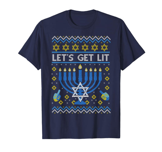 Let's Get Lit Funny Jewish Holiday Chanukah Ugly Hanukkah T-Shirt