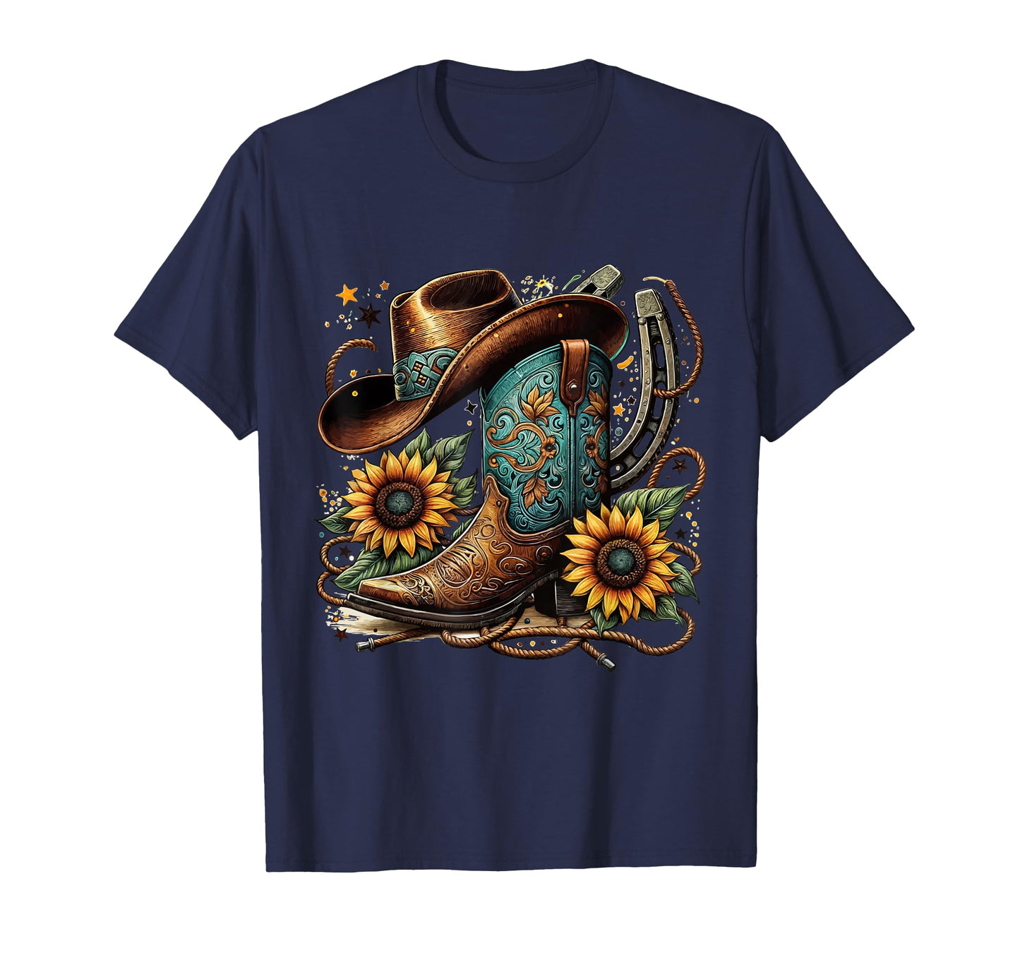 Western Cowboy Boot Horseshoe Sunflower Rope Cowgirl Boot T-Shirt, Small, Black