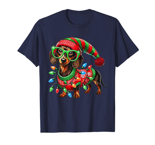 Christmas Dachshund Dog Elf Costume Xmas Light Holiday T-Shirt
