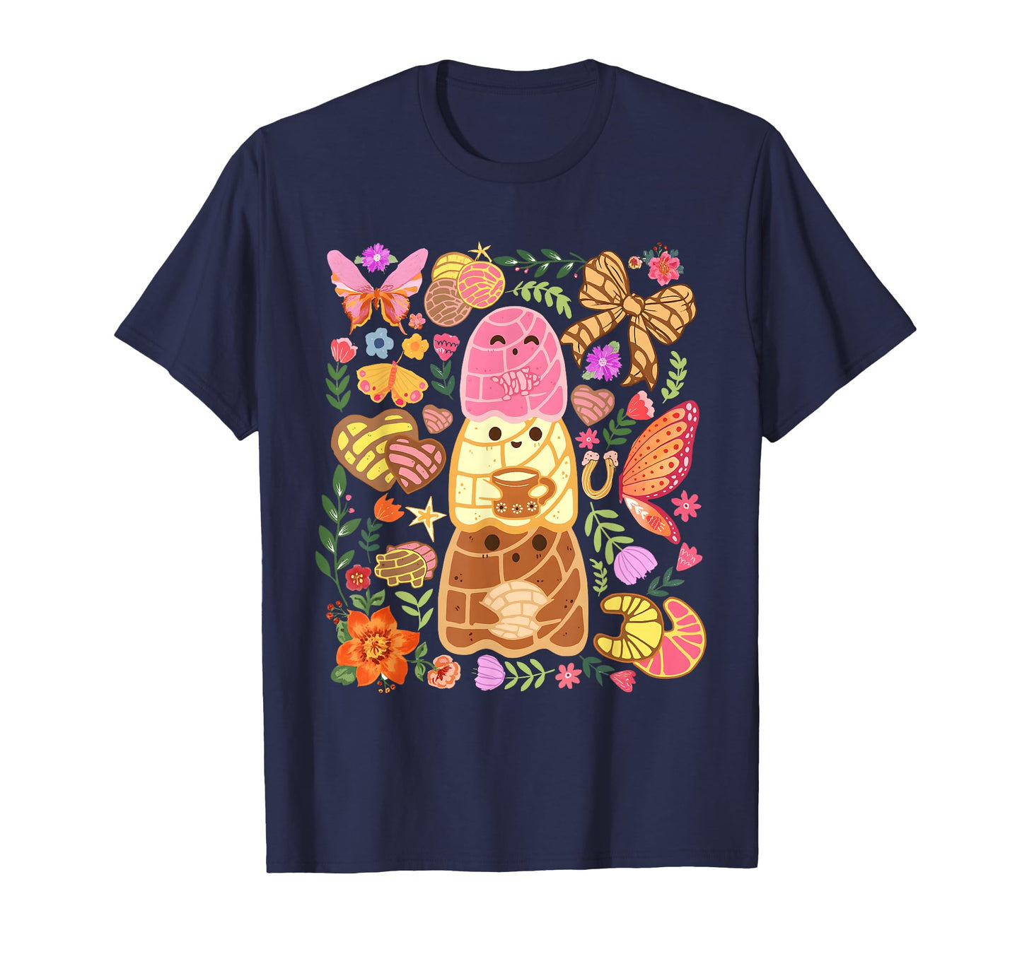 Cute Concha Bread with Butterflies and Flowers Kawaii T-Shirt