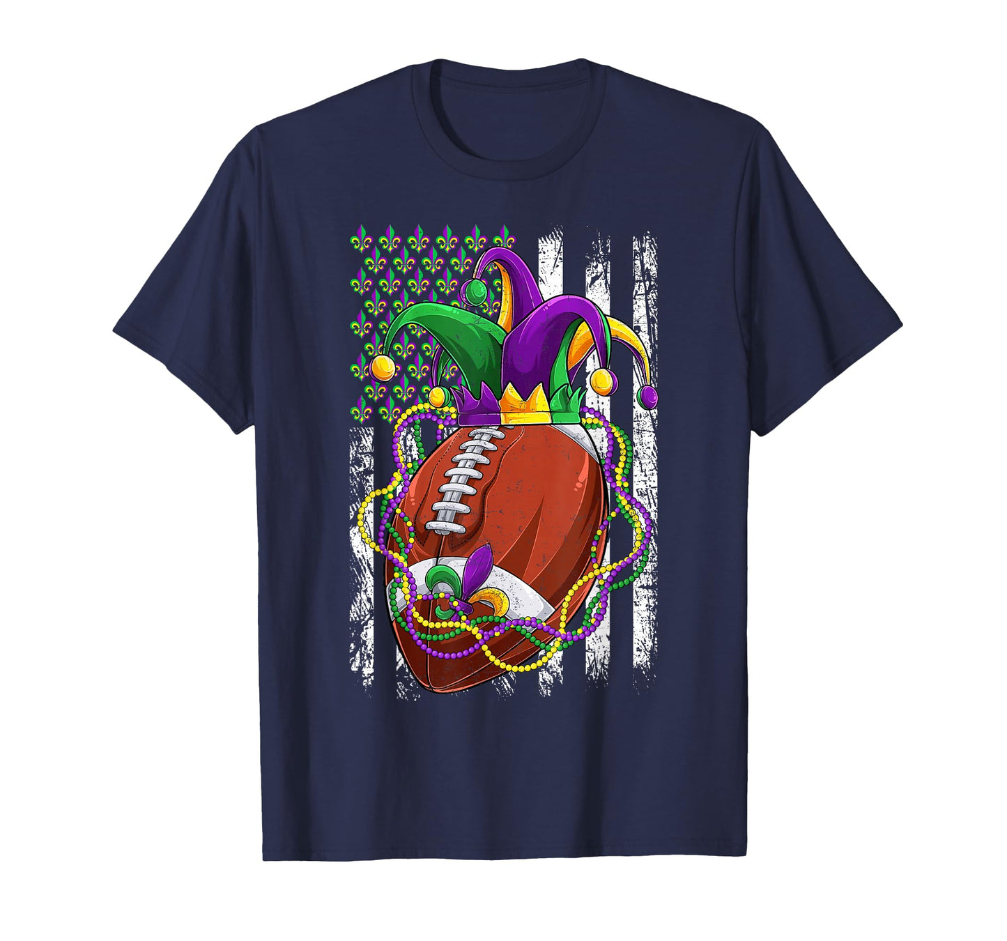 Funny Football With Jester Hat & Beads USA Flag Mardi Gras T-Shirt