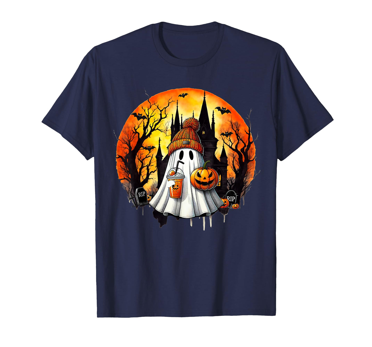 Cute Ghost Drinking Coffee Halloween Ghost Ice Coffee Womens T-Shirt