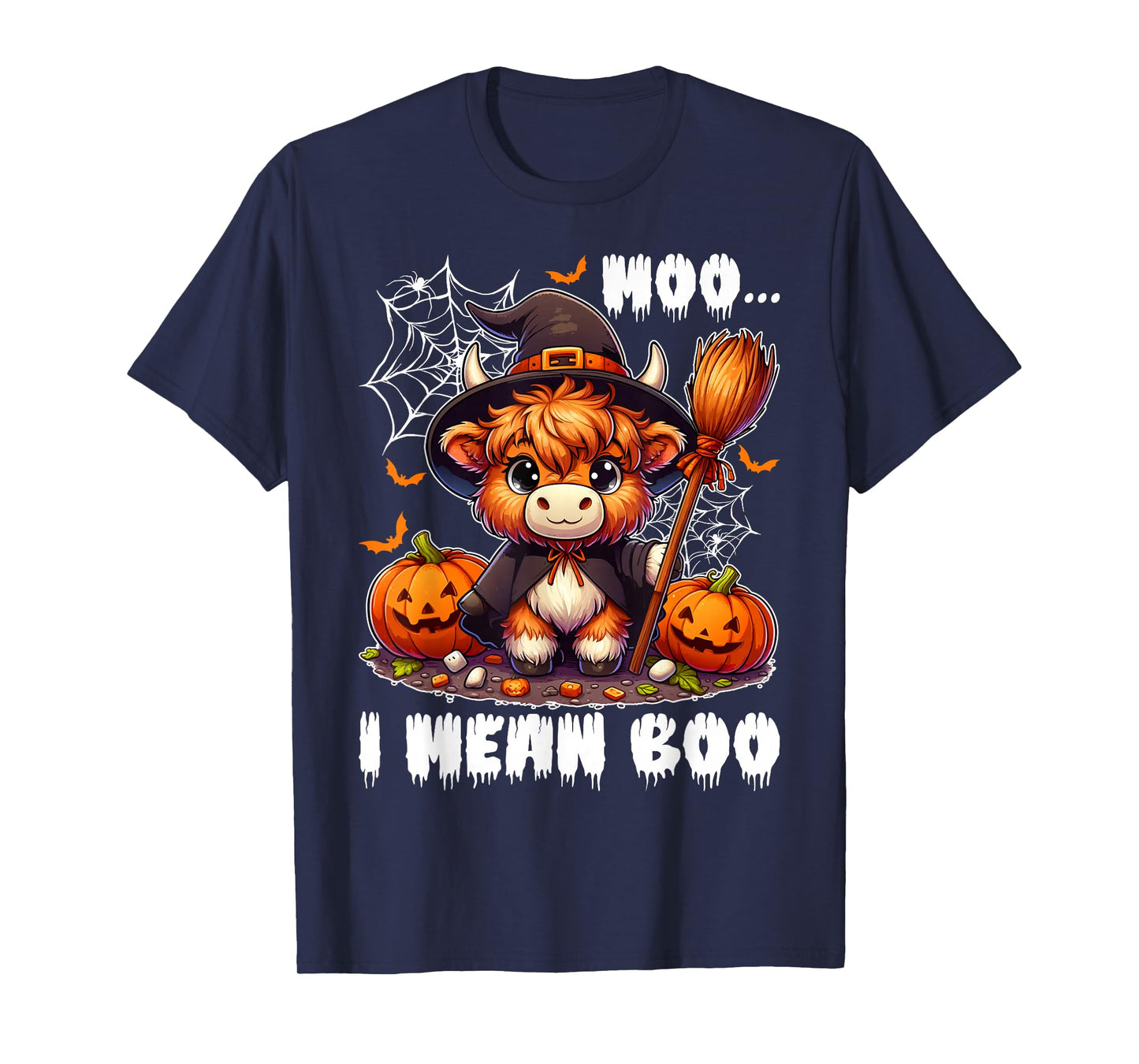 Moo I Mean Boo Highland Cow in Witch Costume Halloween Day T-Shirt