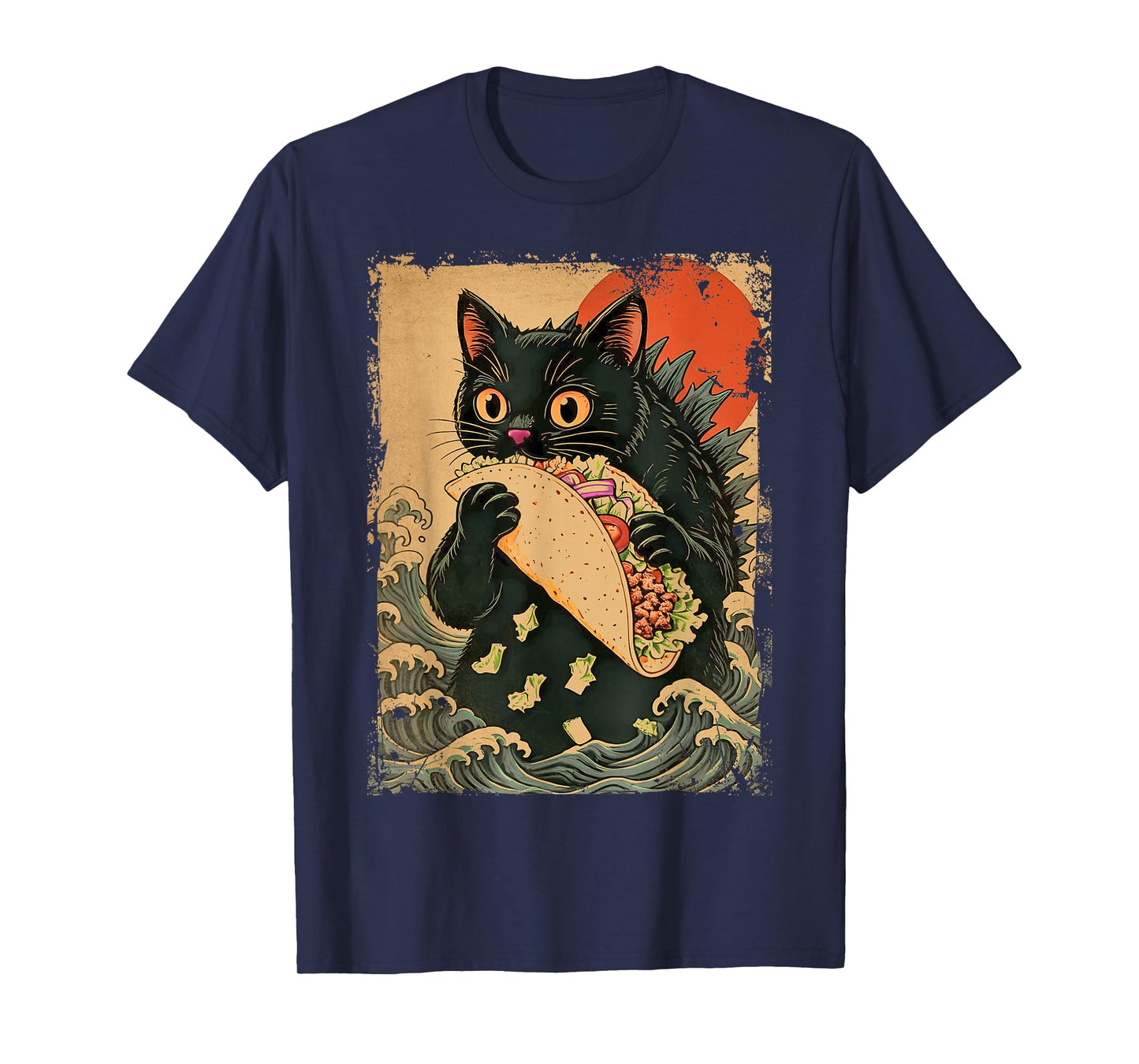 Funny Black Cat Eating Tacos Retro Japanese Anime Teens Kids T-Shirt
