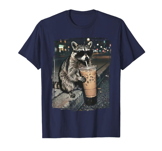 Raccoon Drinking Iced Coffee Funny Animal Meme Men Women T-Shirt