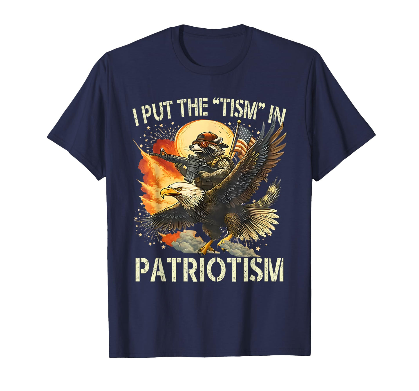I Put The “Tism” in Patriotism Retro Eagle Raccoon USA Flag T-Shirt