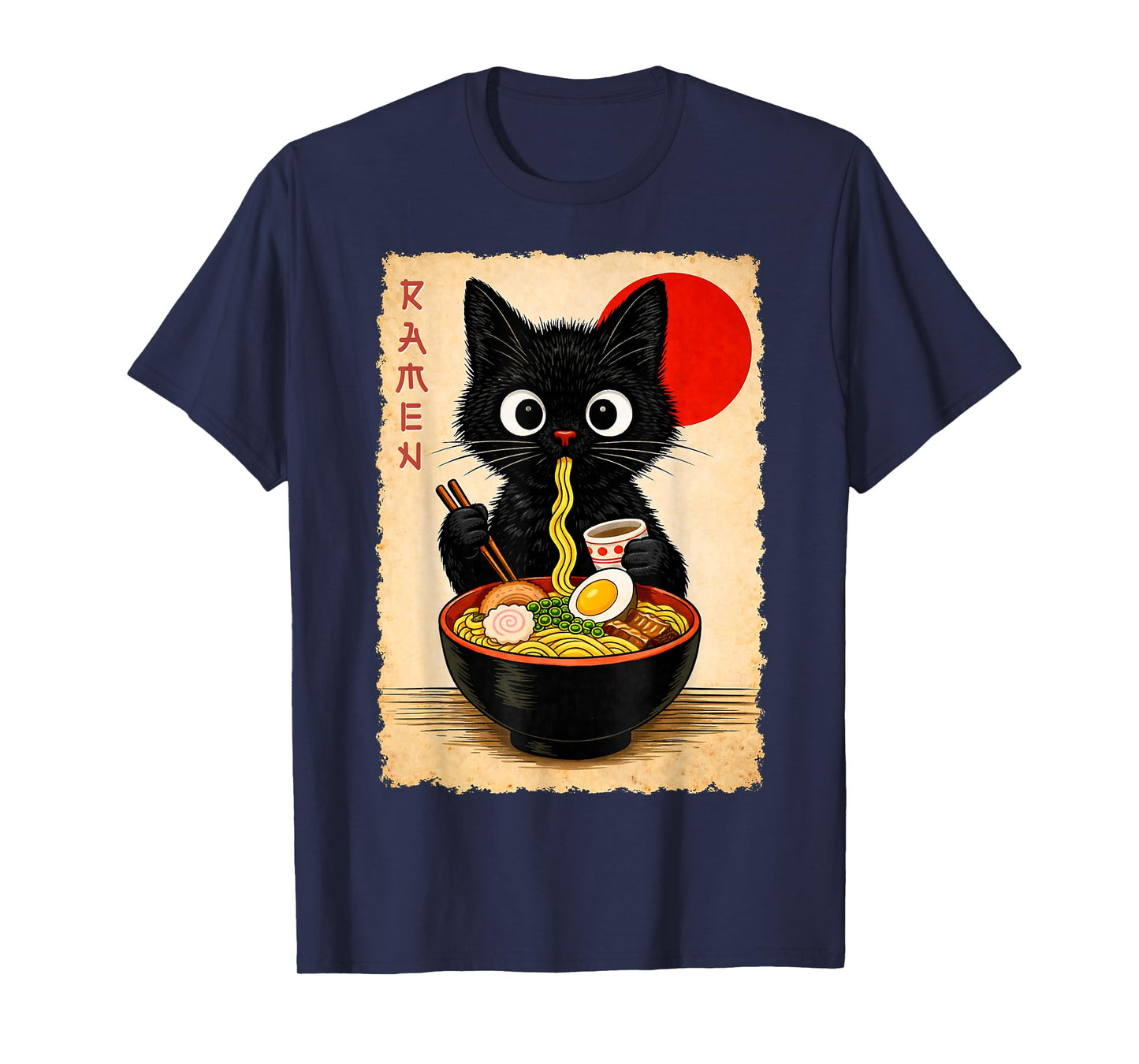Cute Black Cat Eating Ramen Artwork Print Anime Style Wall T-Shirt