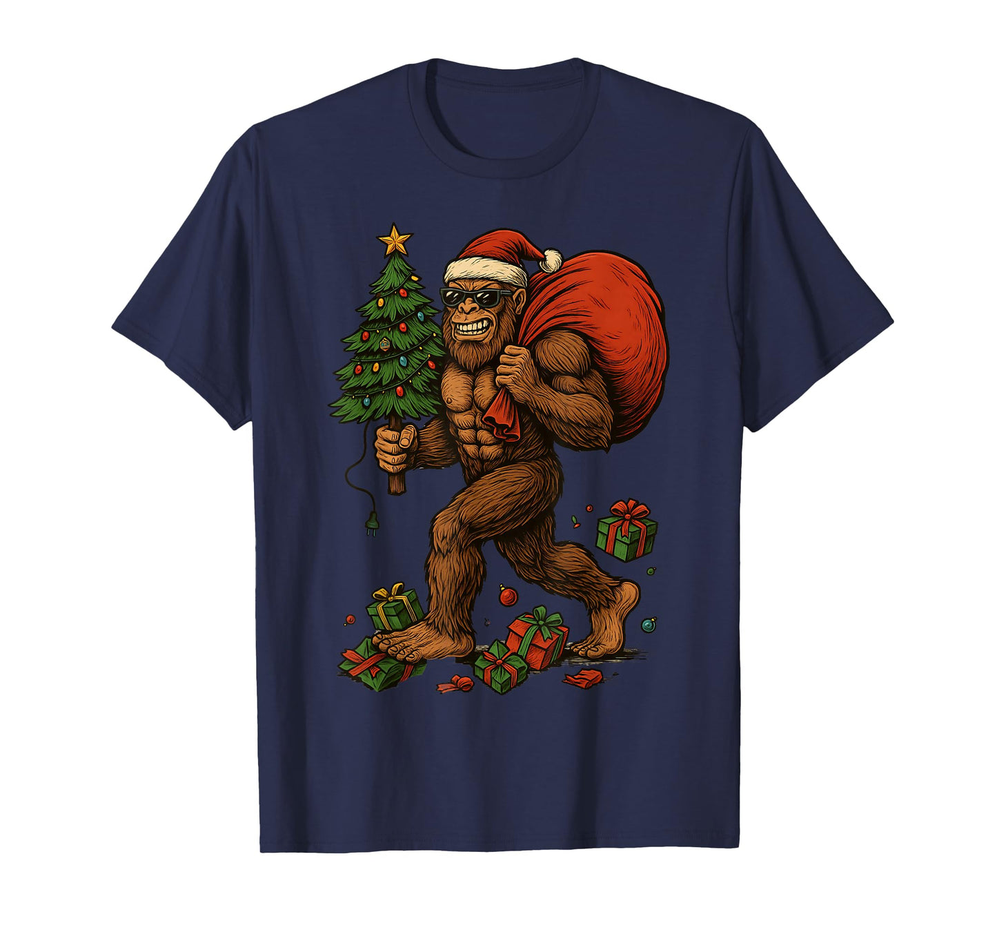 Bigfoot in Sunglasses Funny Santa Christmas Tree Lights Xmas T-Shirt