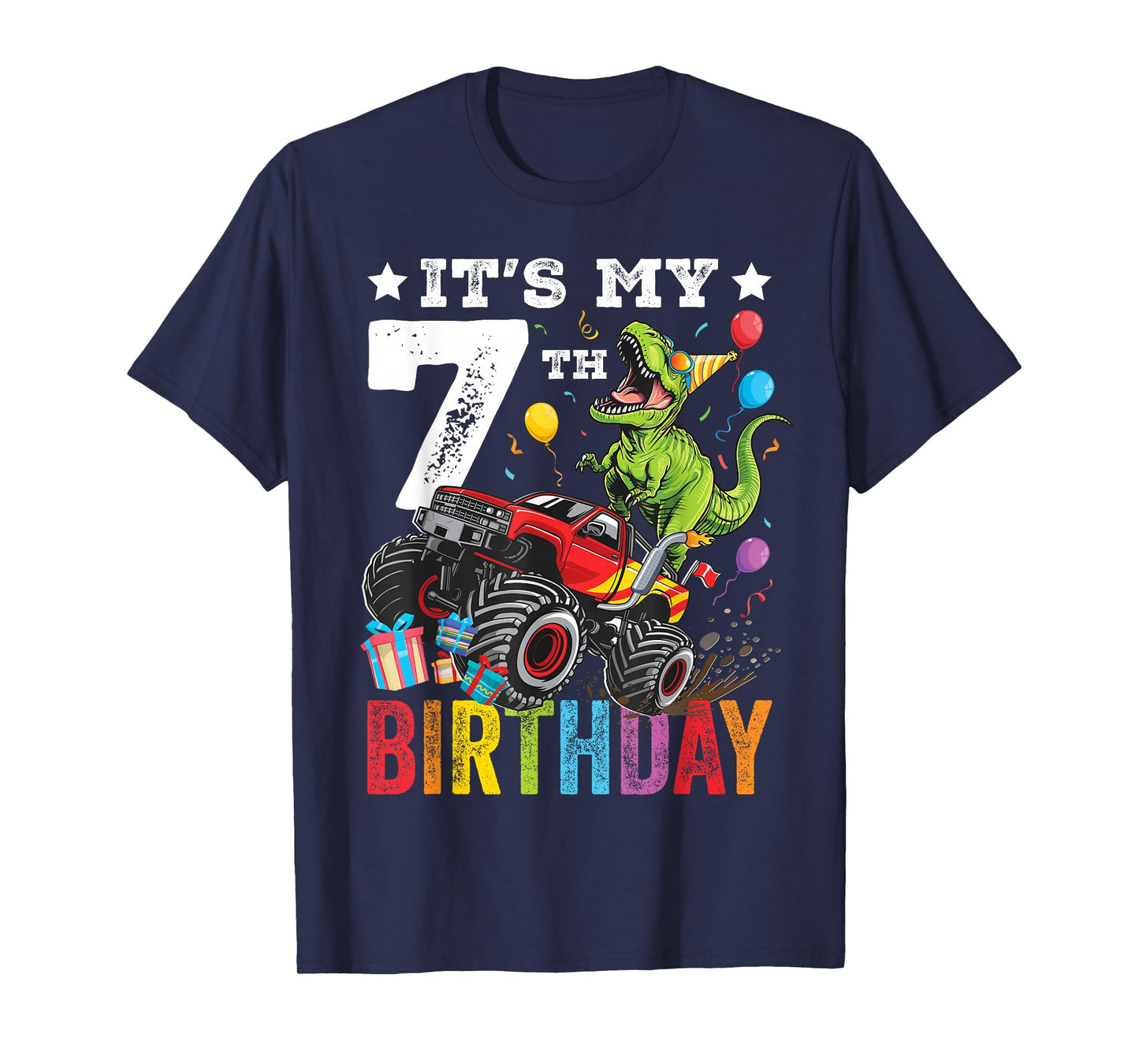 Seven 7th Birthday Dinosaur Monster Truck T-Shirt