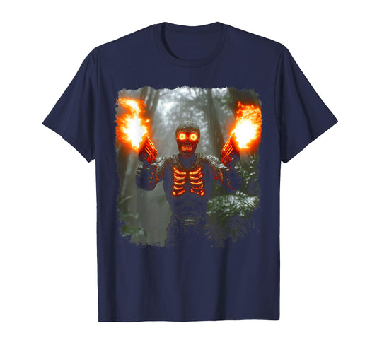 Hard Fire Zombie Skeleton Guns Blazing - Glowing Skull Meme T-Shirt