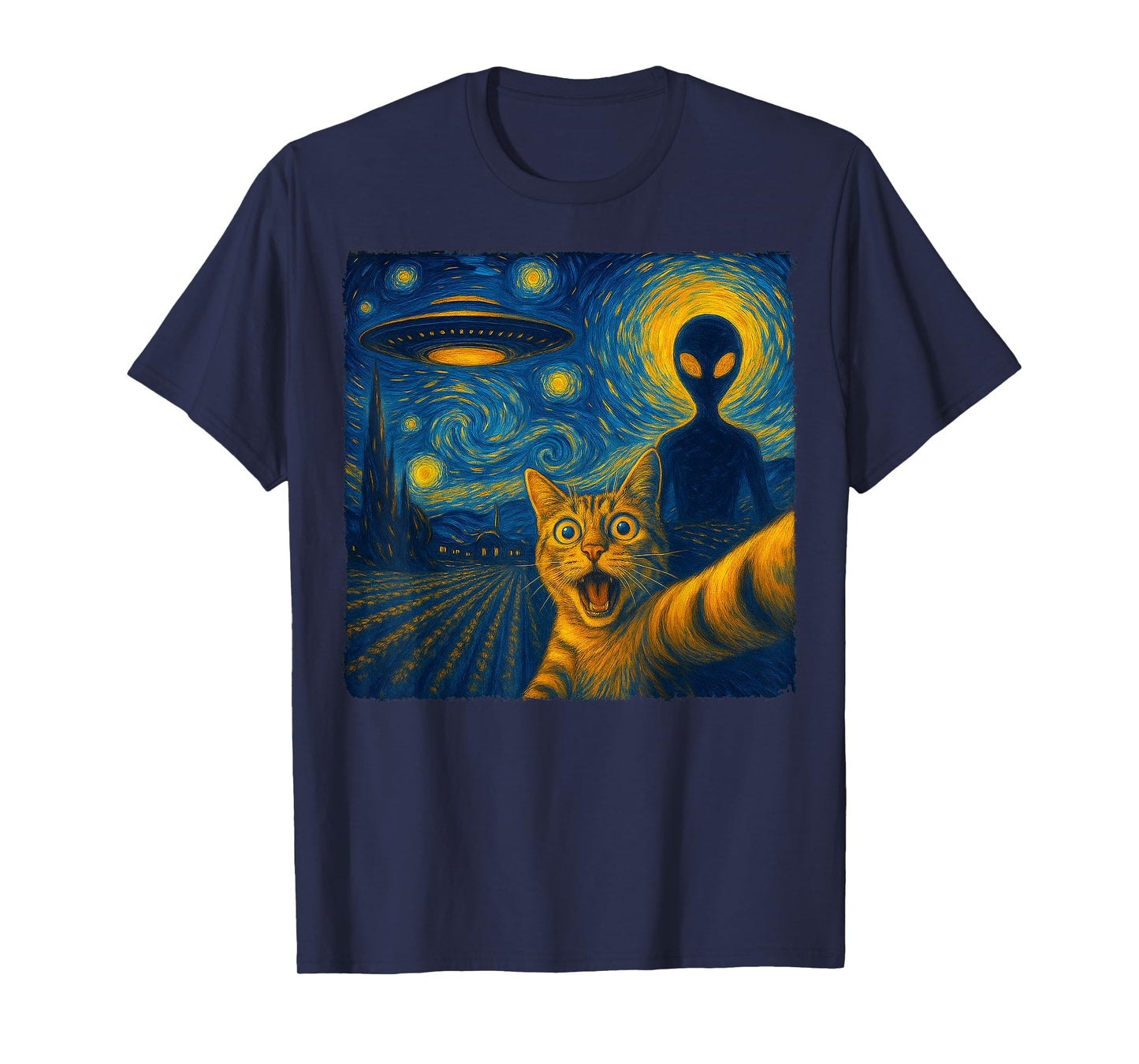 Cat Selfie with Alien UFO Van Gogh Art Gifts Men Women Kid T-Shirt