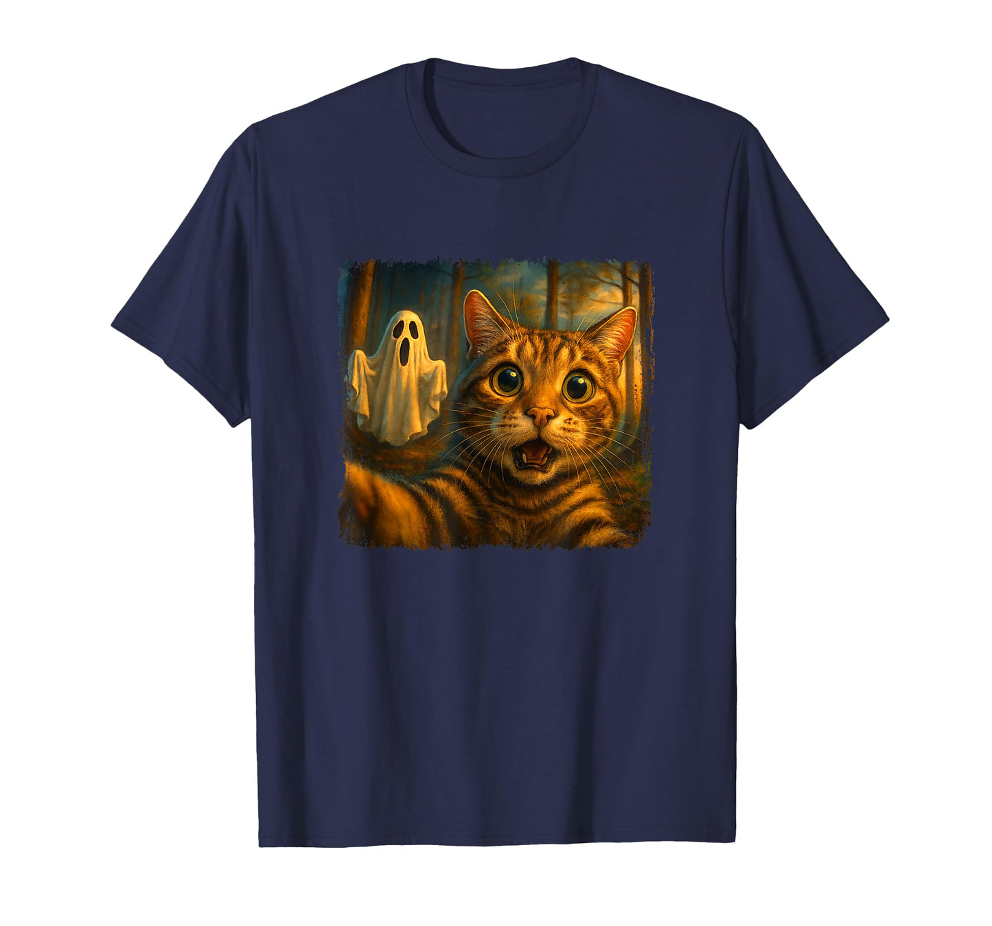 Funny Scared Cat Selfie with Ghost Halloween Design T-Shirt