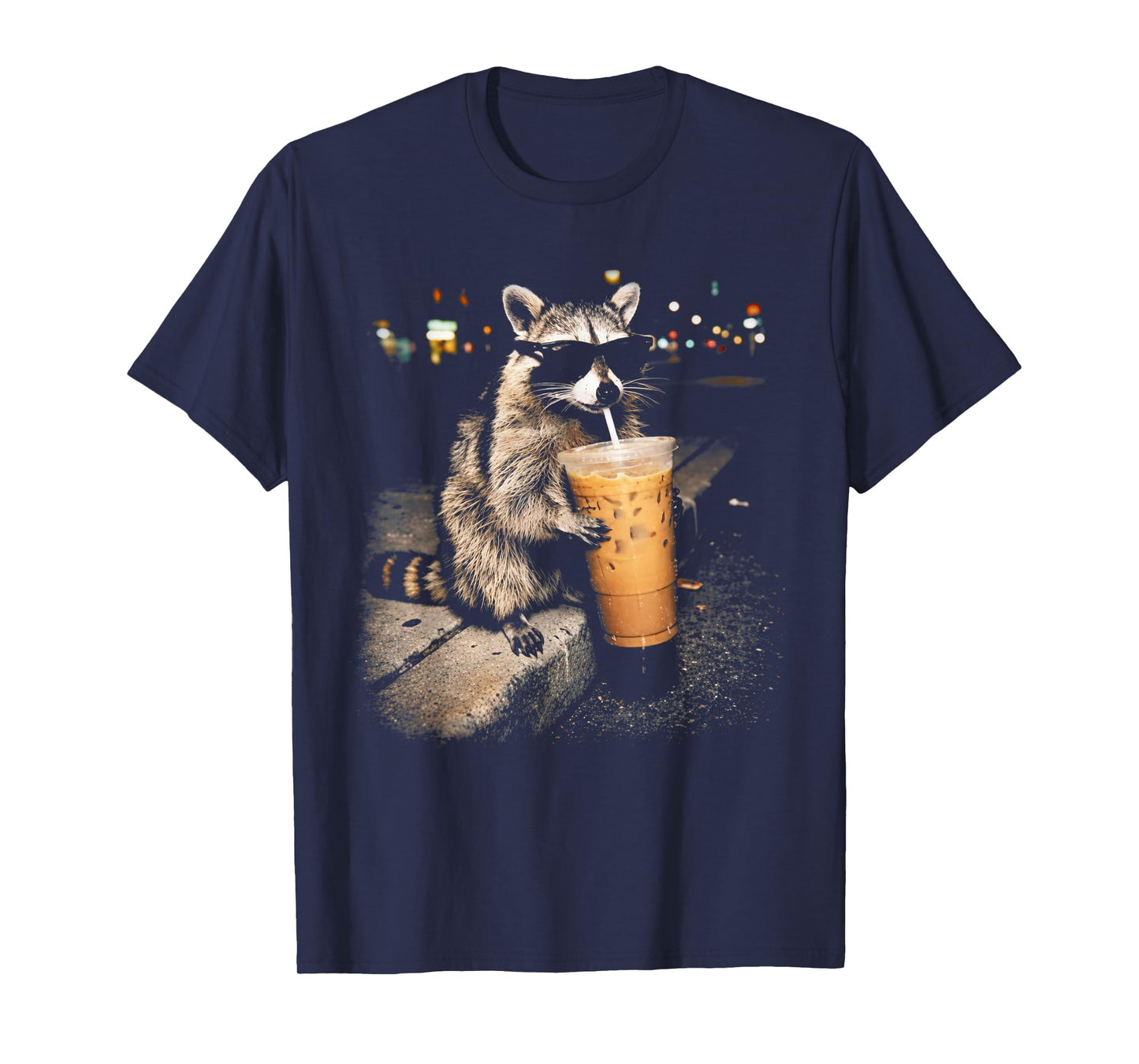 Raccoon Drinking Iced Coffee Funny Animal Meme Men Women T-Shirt