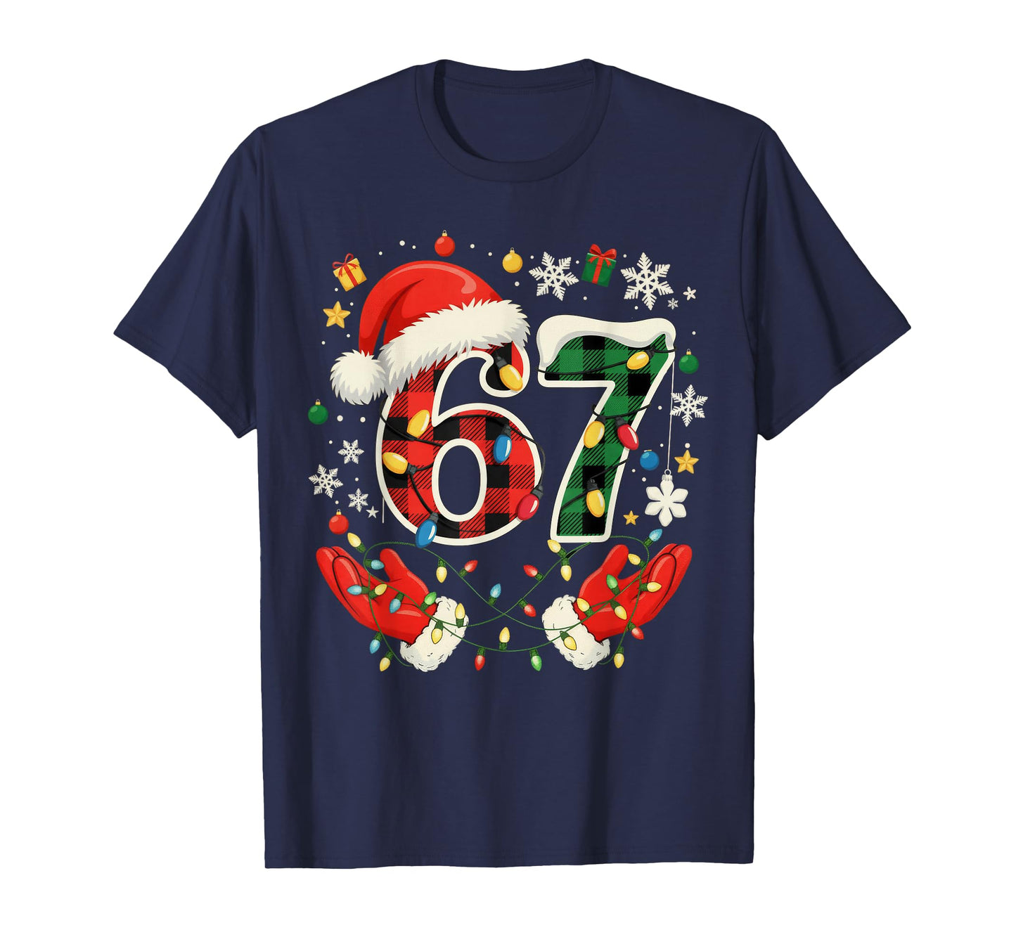 67 Red Green Plaid Lights 6 7 Funny Boys Kids Winter Holiday T-Shirt