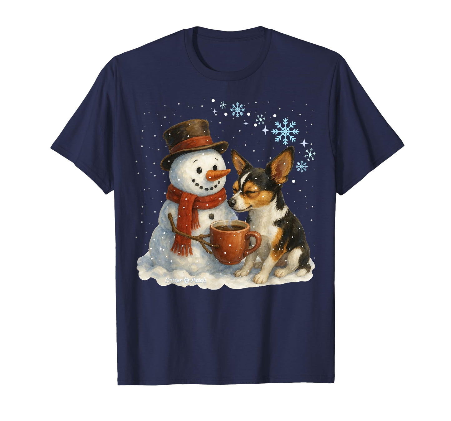 Tricolor Chihuahua and Snowman Friends Share Coffee in Snow T-Shirt
