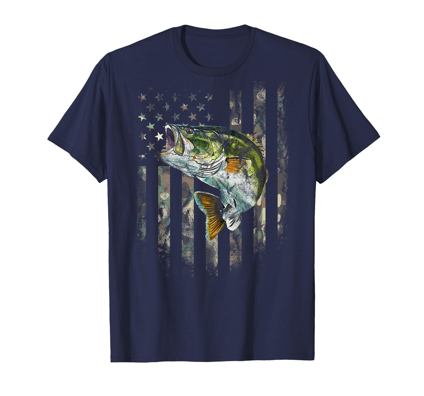 (Art on Back) American Flag Camo Bass Fish Fishing T-Shirt