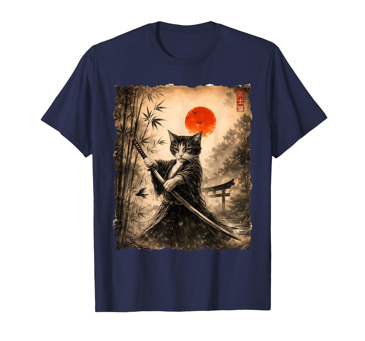Samurai Cat Japanese Art Men Boys Funny Graphic Tee Anime T-Shirt
