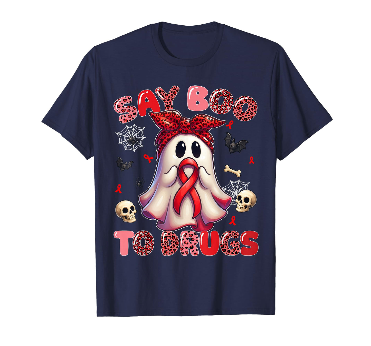 Say Boo to Drugs Leopard Red Ribbon Week Awareness Women T-Shirt