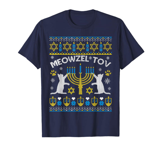 Meowzel Tov Ugly Hanukkah Sweater Cat Chanukah Jew Menorah T-Shirt