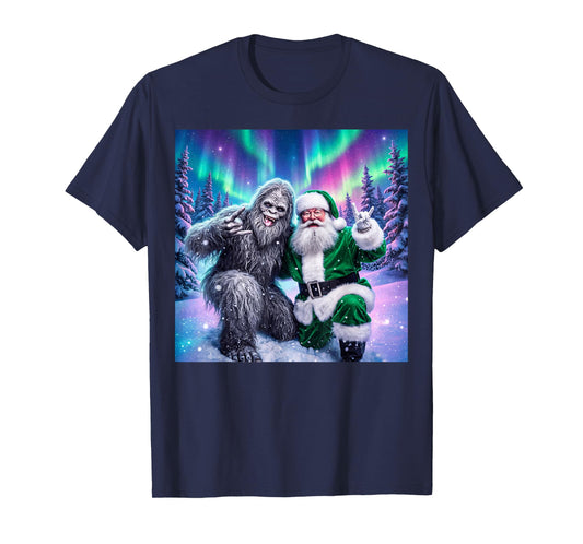 Santa with Bigfoot Christmas Lights Funny Sasquatch Believe T-Shirt