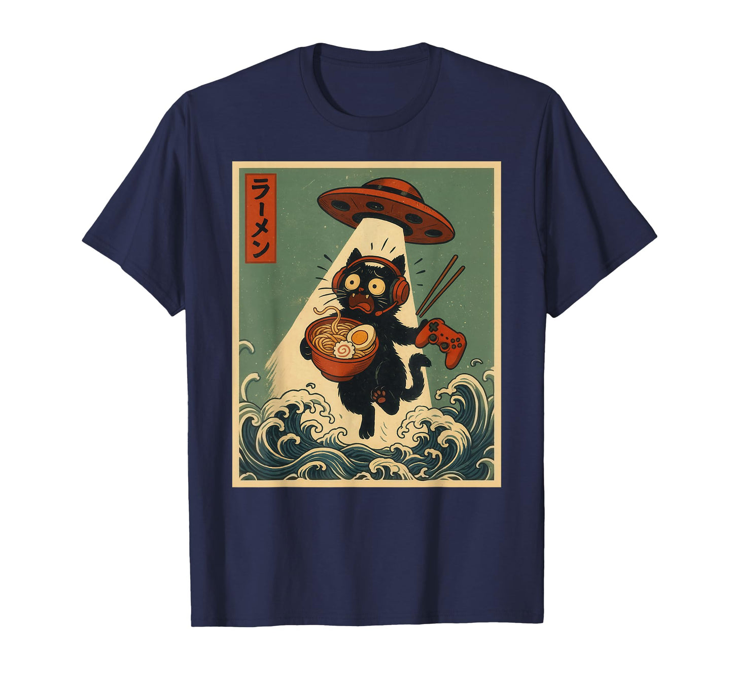 Funny Vintage Japanese Anime Cat Gamer Ramen UFO Gaming T-Shirt