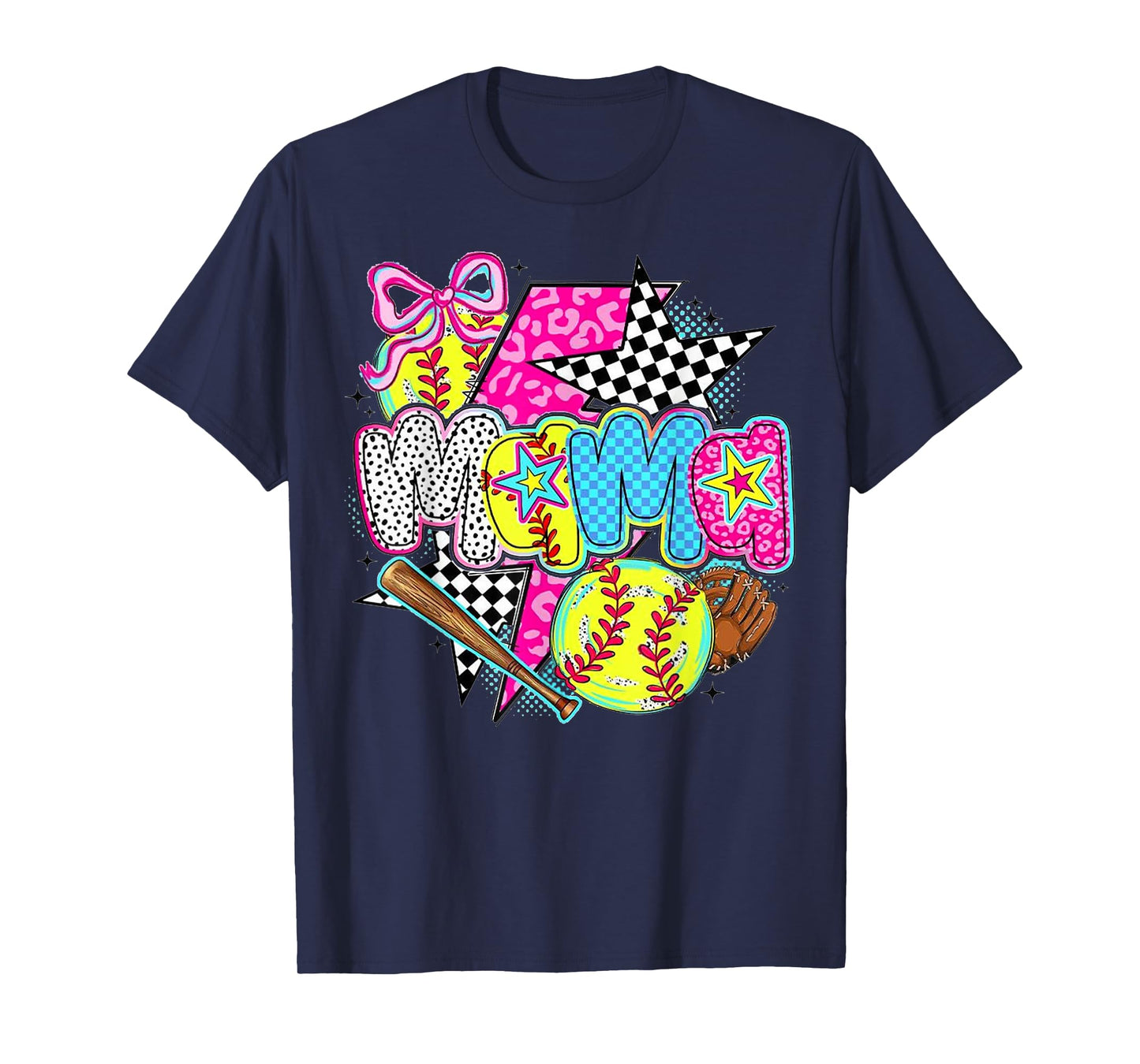 Softball Mama Game Day Leopard Checkered Mom Retro T-Shirt