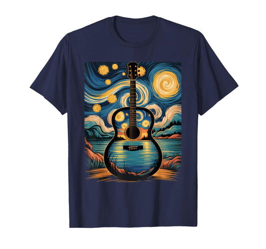 Guitar Lake Starry Night Music Guitarist Van Gogh Funny Gift T-Shirt