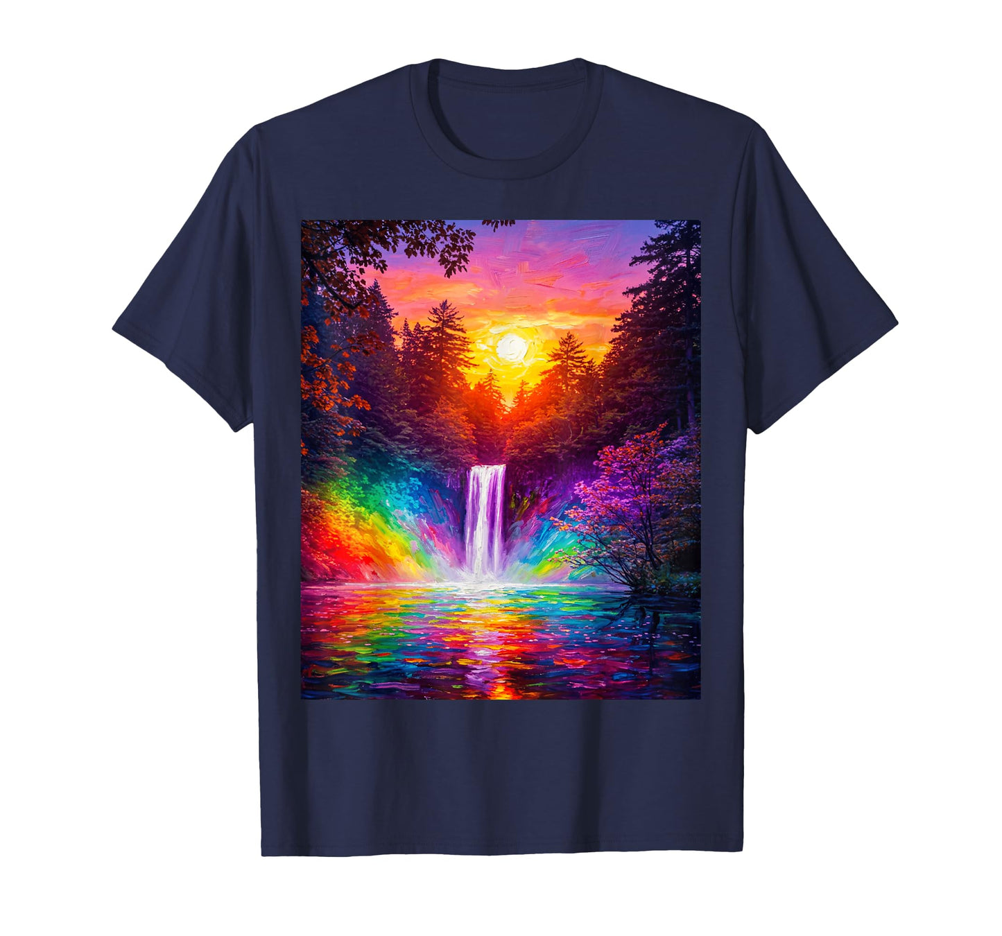 Moon Night Waterfall Abstract Art Forest Trees Painting T-Shirt