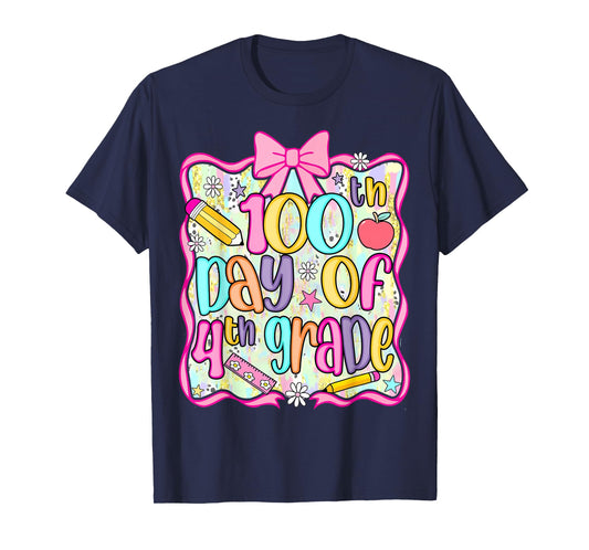 100th Day of 4th Grade Preppy 100 Days of School Bow Girls T-Shirt