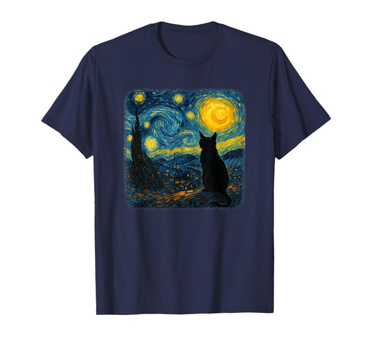 Funny Black Cat Starry Night Parody Painting Cat Lovers T-Shirt