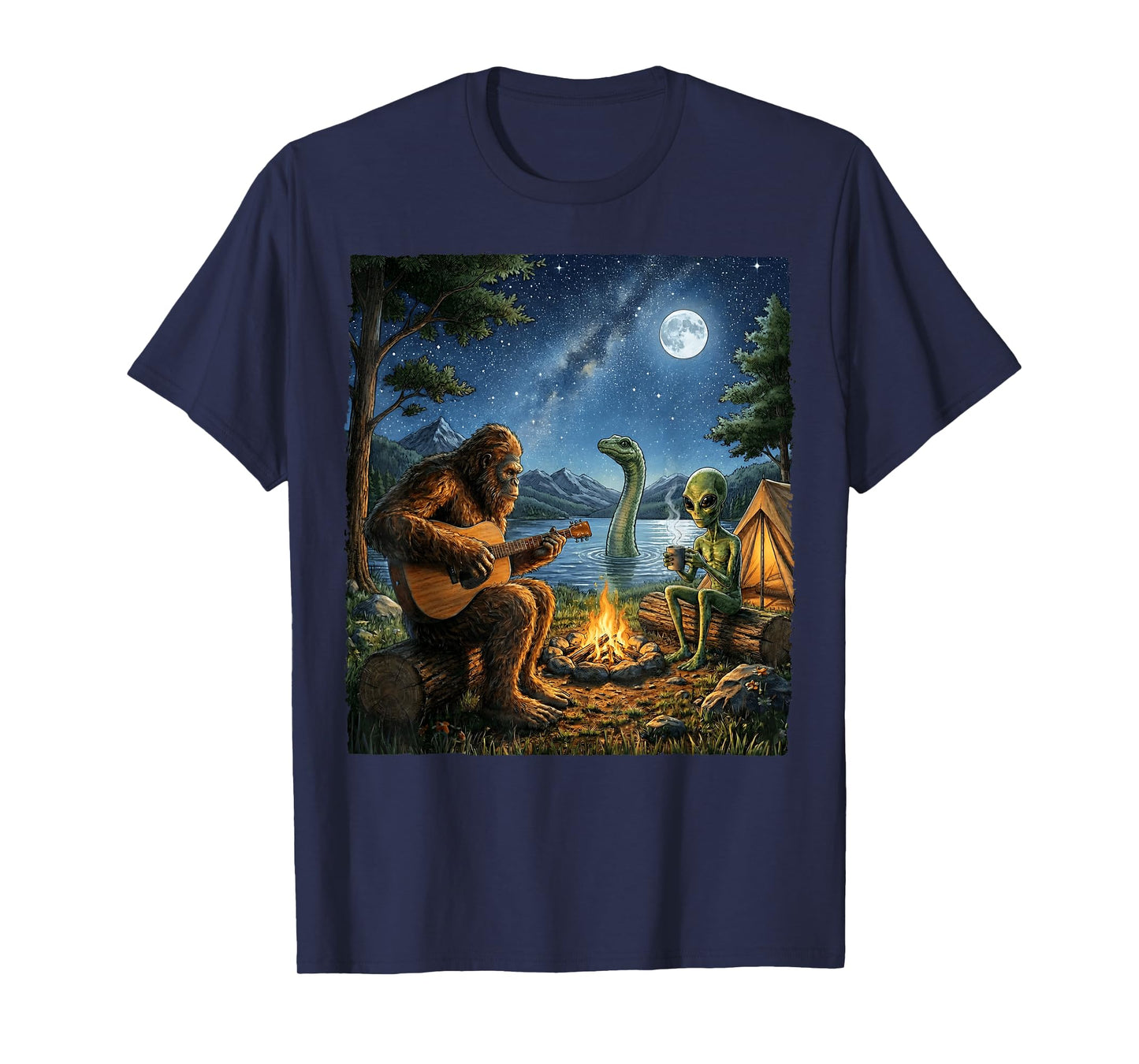 Bigfoot and Alien Loch Ness Campfire Sasquatch Funny Camping T-Shirt