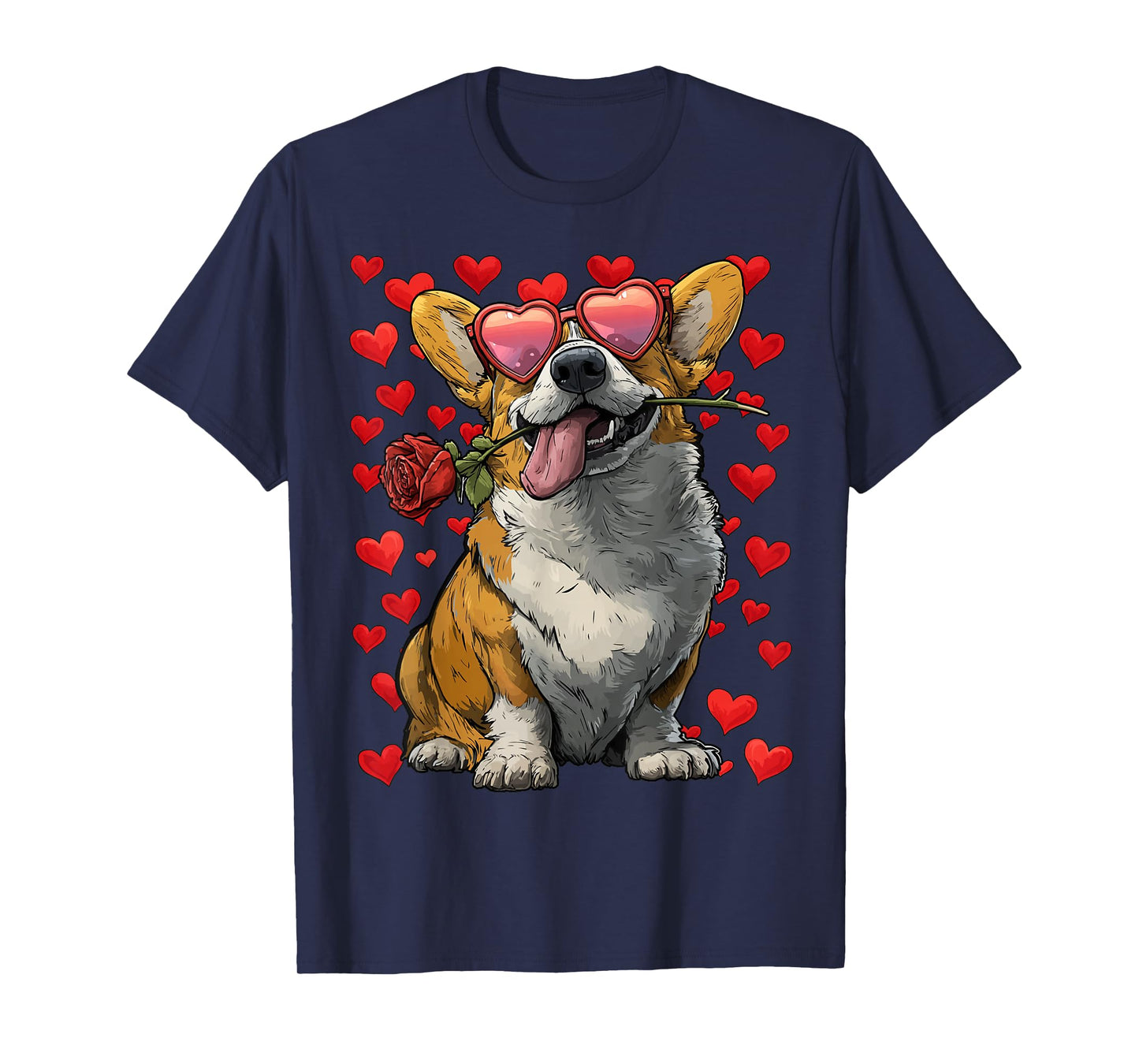 Cute Corgi with Hearts Glasses Rose Valentine's Day Dog T-Shirt