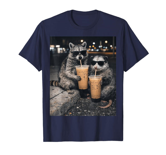 Funny Raccoon and Opossum Drinking Iced Coffee. Cute Animal T-Shirt