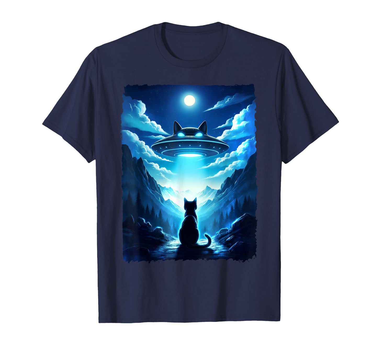 Alien Cat UFO Spaceship Night Sky Fantasy Funny Sci-Fi Art T-Shirt