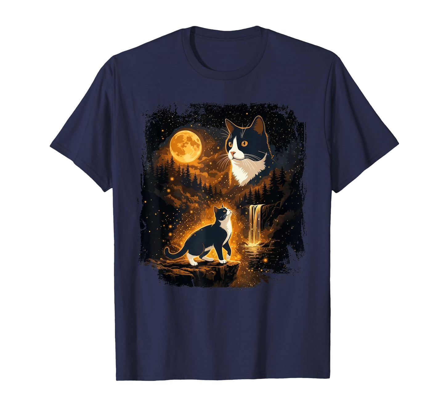 Vintage Moonlight Tuxedo Cat Howling Looking At The Moon T-Shirt