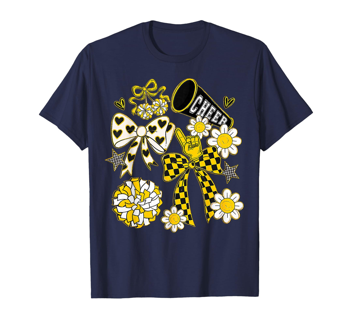 Coquette Bow Football Gold Black Game Cheer Mom Touchdown T-Shirt