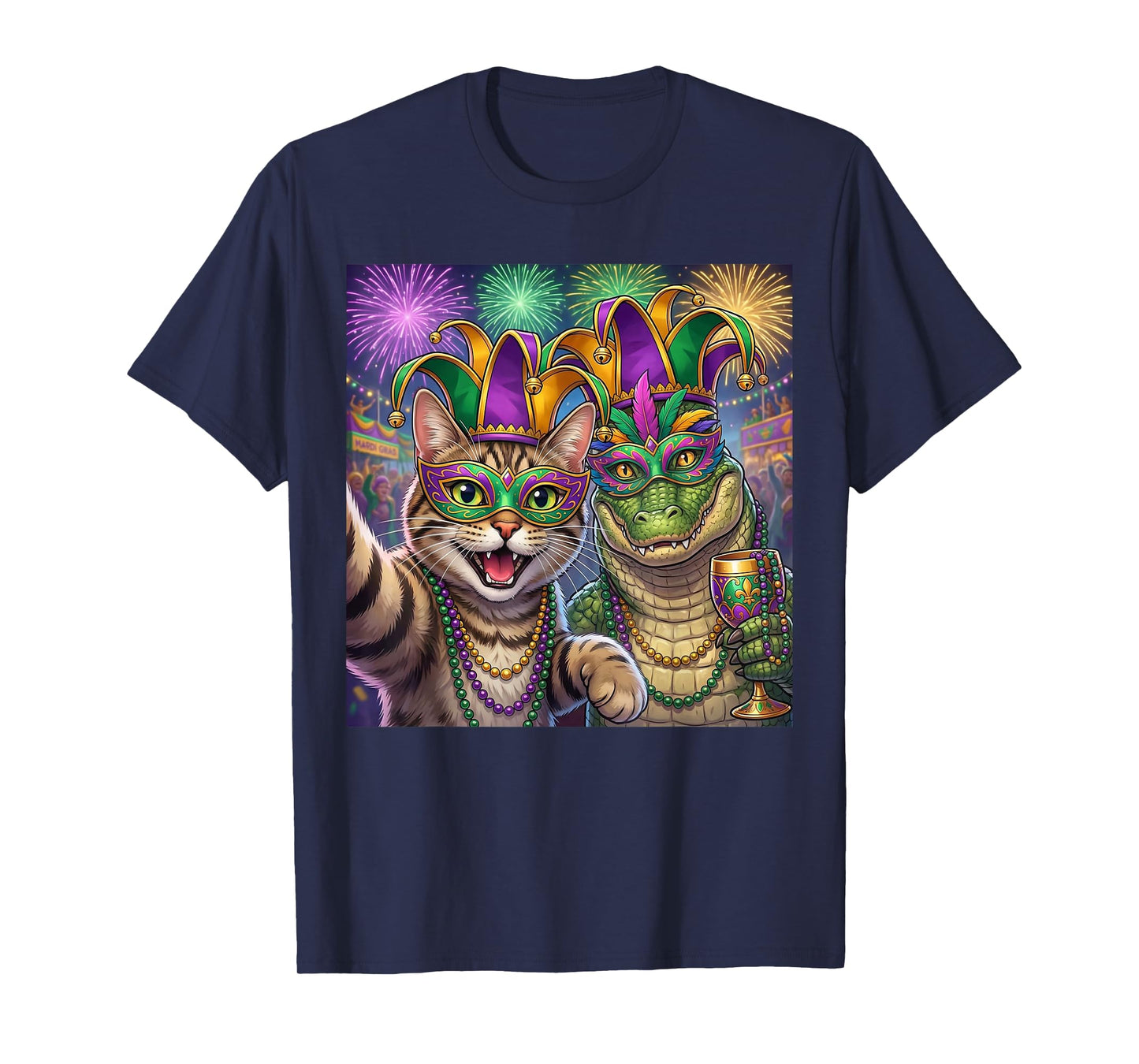 Funny Cat Alligator Selfie Mardi Gras Carnival Party Art T-Shirt