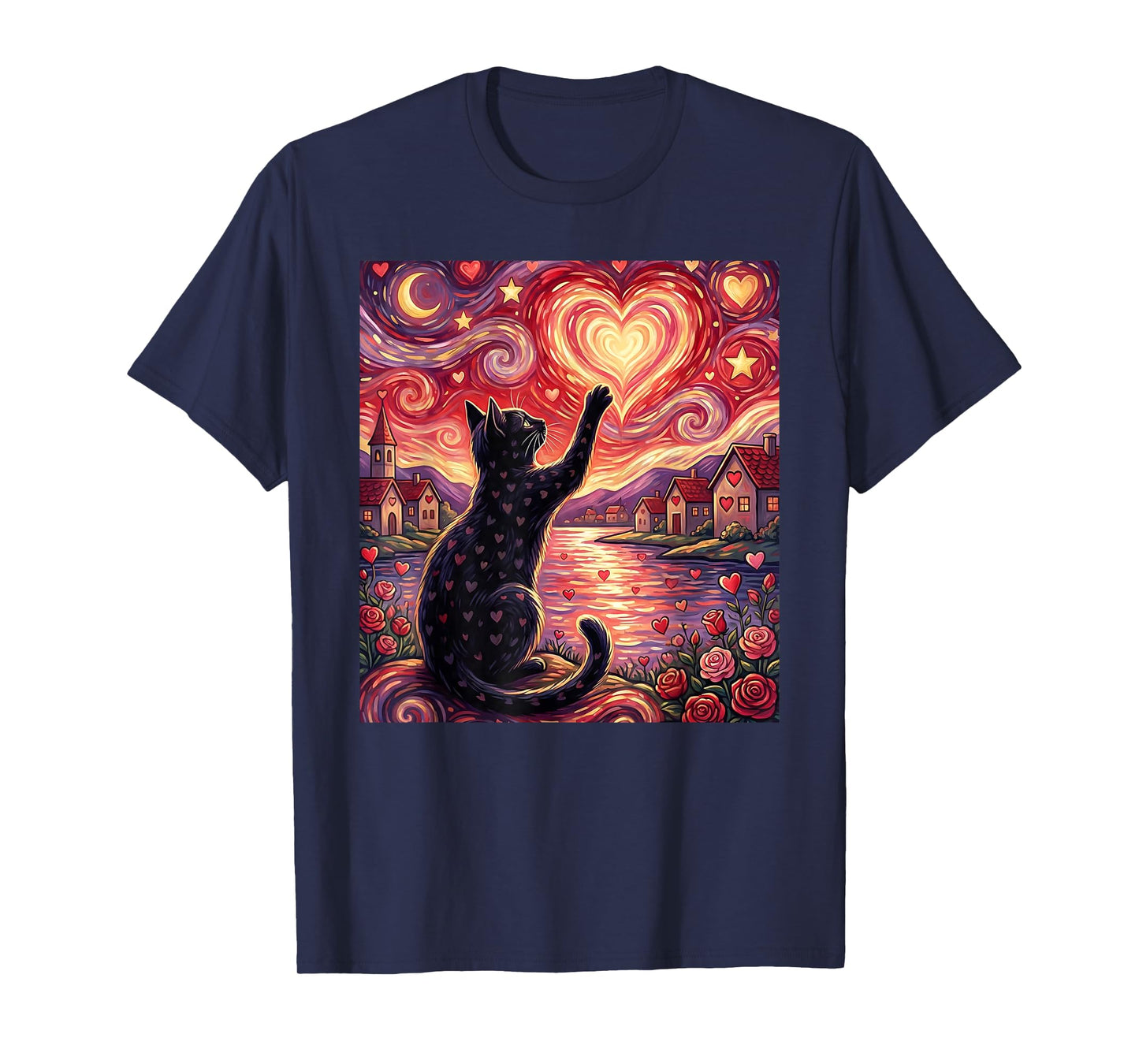 Starry Nights Cat Valentine Love-Hearts Roses Van-Gogh T-Shirt
