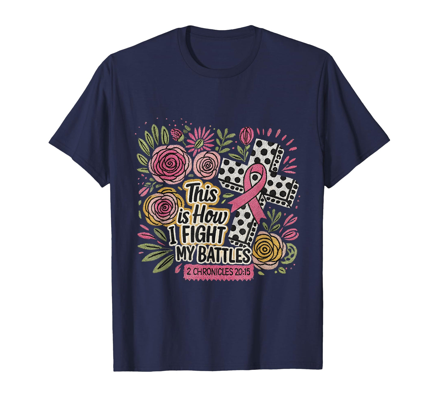 Faux Embroidery Cross Ribbon Floral Scripture Faith Art T-Shirt