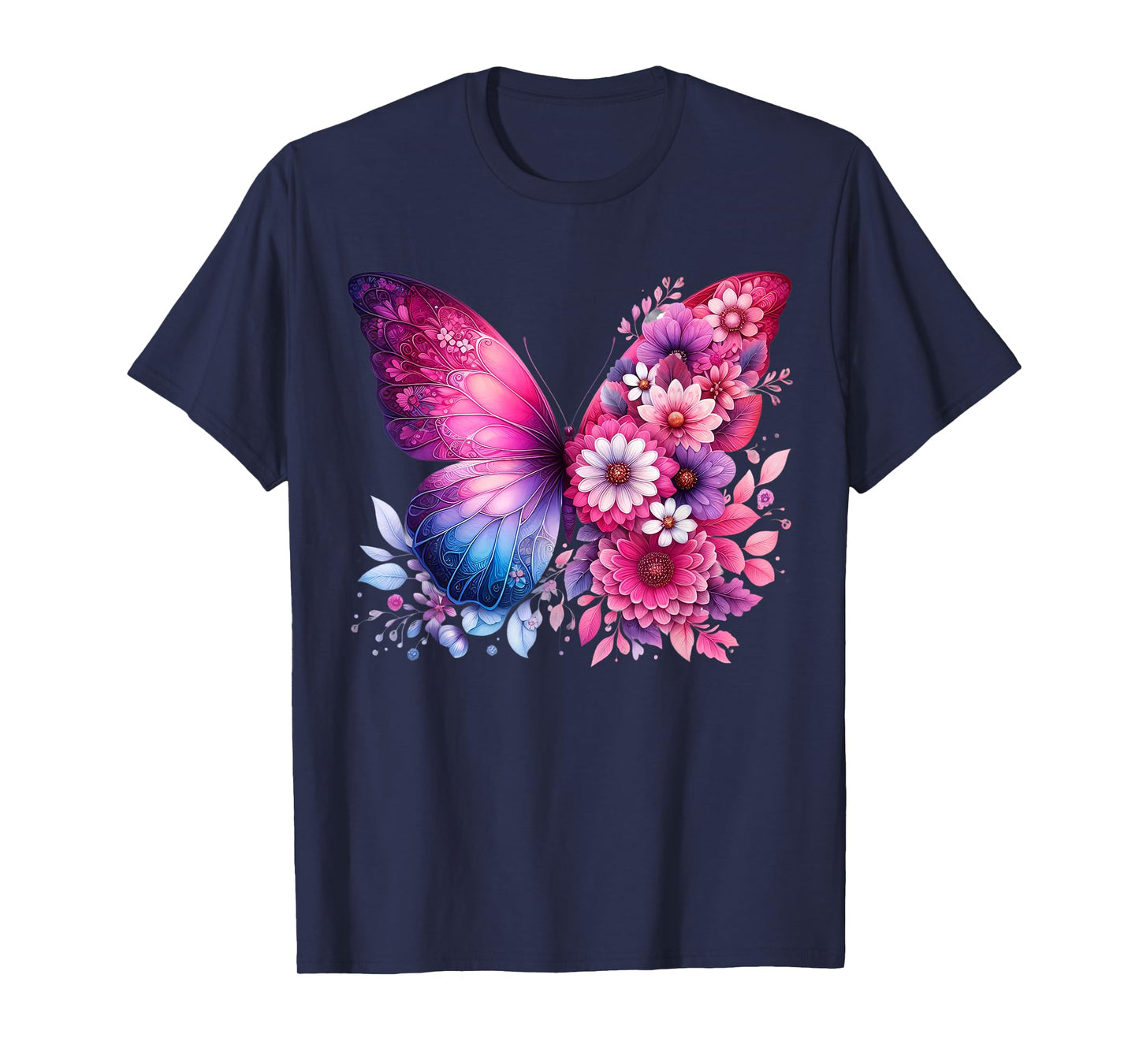 Butterfly On Pink & Purple Colored Flowers Butterfly Lover T-Shirt
