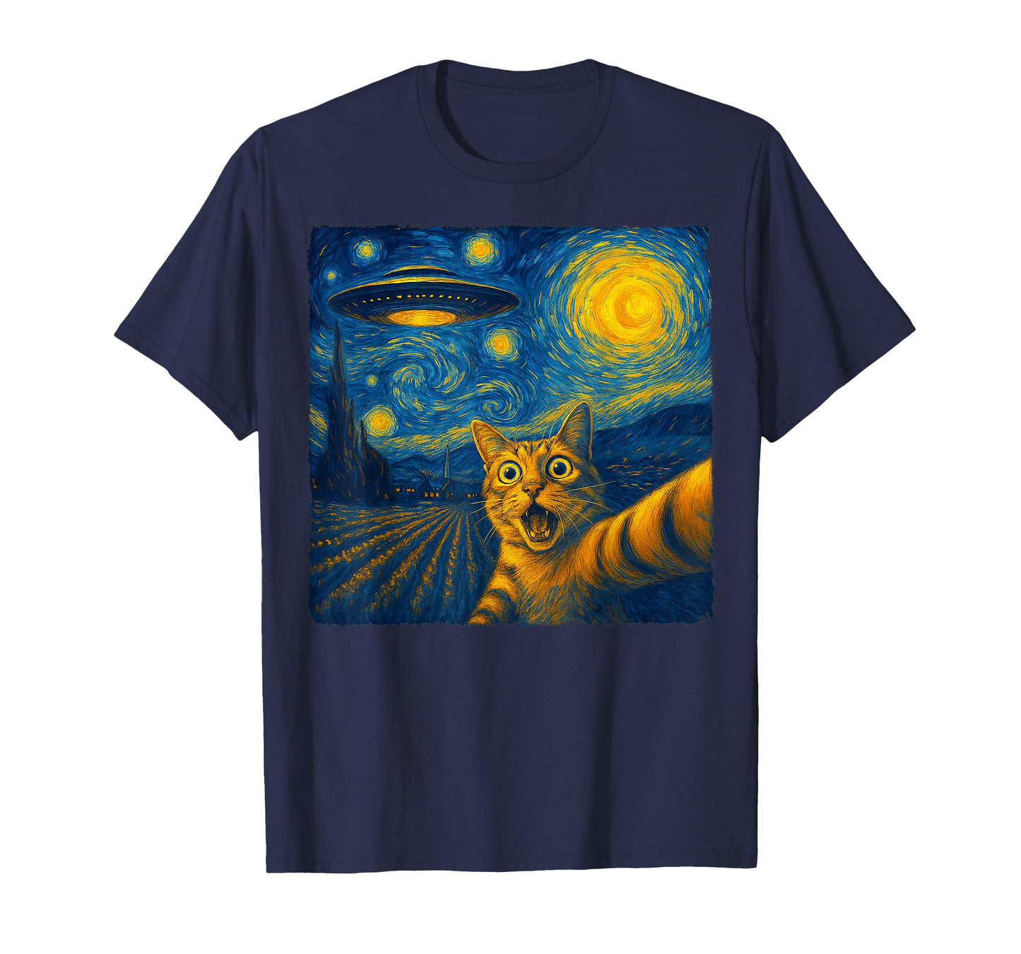 Cat Selfie with UFO Cats Starry Night Van Gogh Men Women Kid T-Shirt