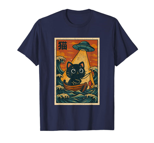 Vintage Japanese Anime Alien UFO Funny Kawaii Fishing Cat T-Shirt