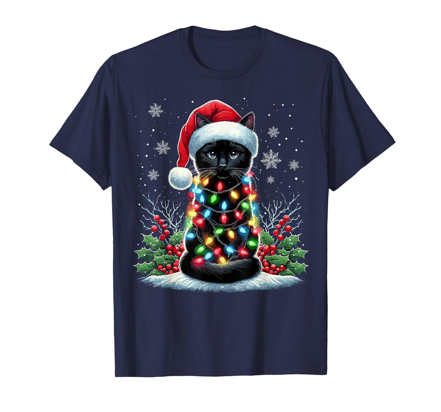 Black Cat Christmas Santa Hat Funny Meowy Cat T-Shirt