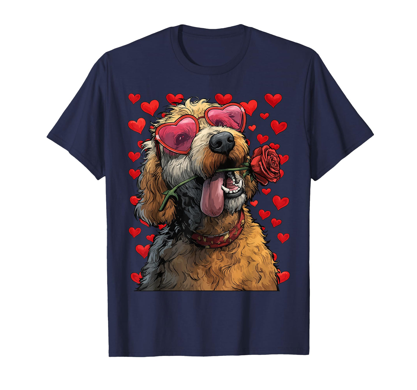 Goldendoodle with Heart Glasses Rose Valentine's Day Dog T-Shirt