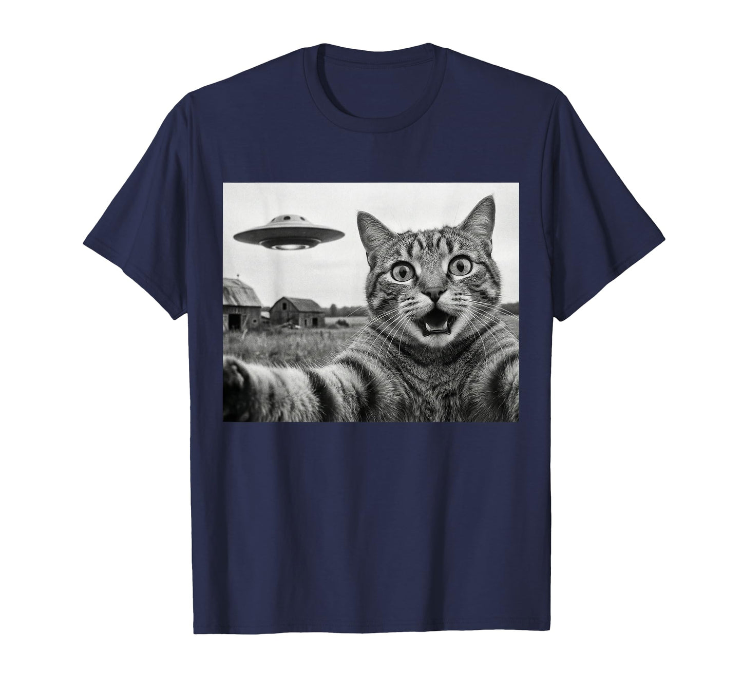 Funny Cat Taking Selfie with UFO Alien Spaceship Meme T-Shirt