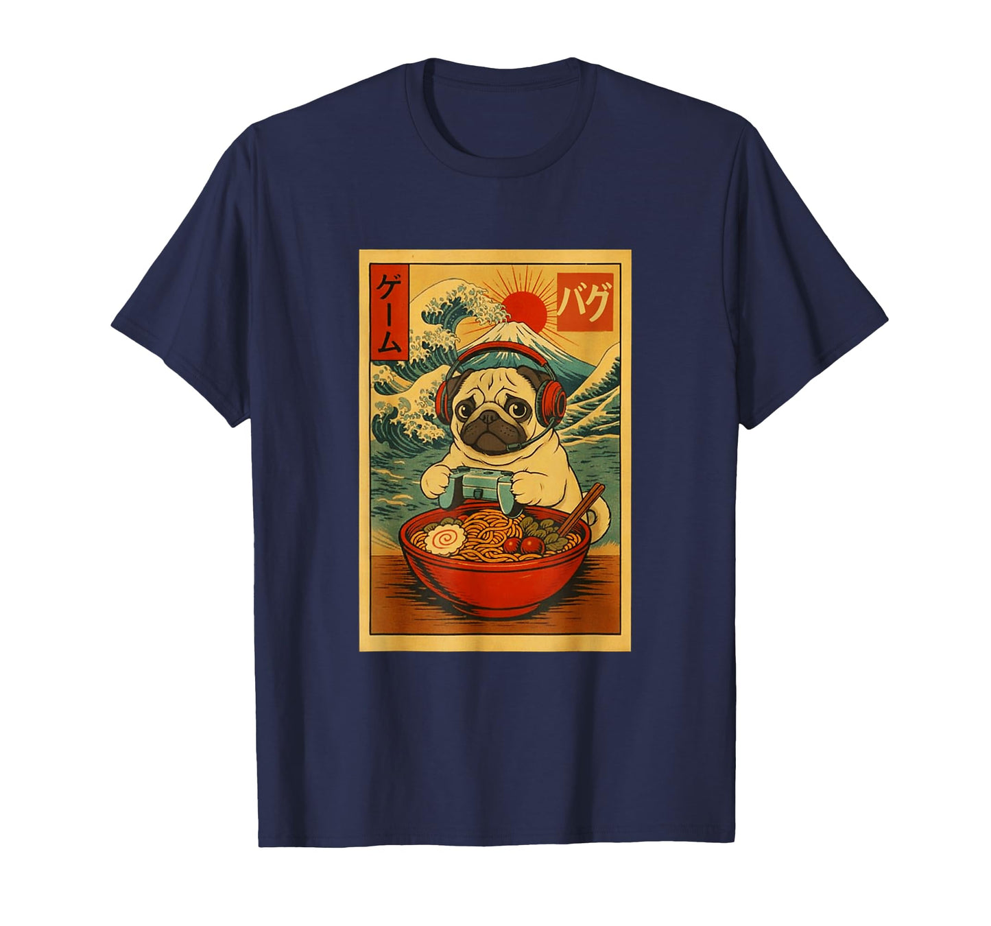 Pug Dog Gaming Ramen Japanese Ukiyo-e Great Wave Retro Art T-Shirt