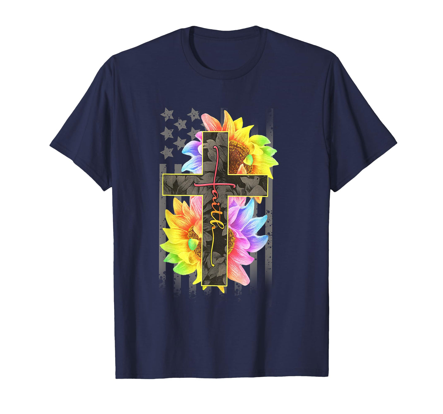 Faith Cross Rainbow Sunflower USA Flag Christian Inspiration T-Shirt