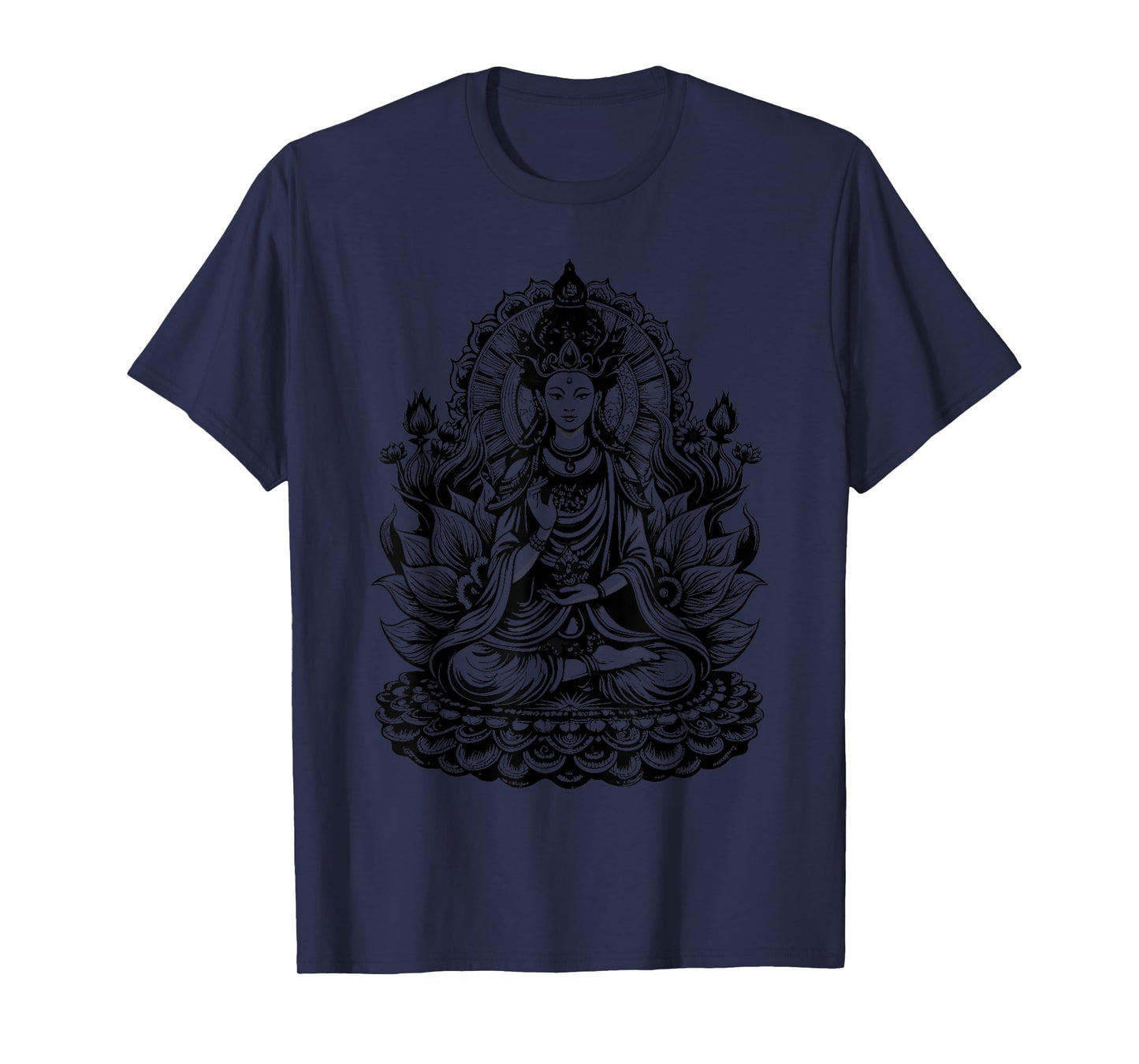 Vintage Spiritual Design Quan Yin Chinese Goddess of Compassion Kwan Yin Lotus T-Shirt, Small, Grey