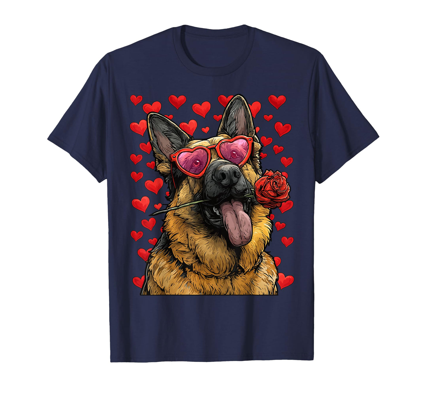 German Shepherd with Heart Glasses Rose Valentine's Day Dog T-Shirt